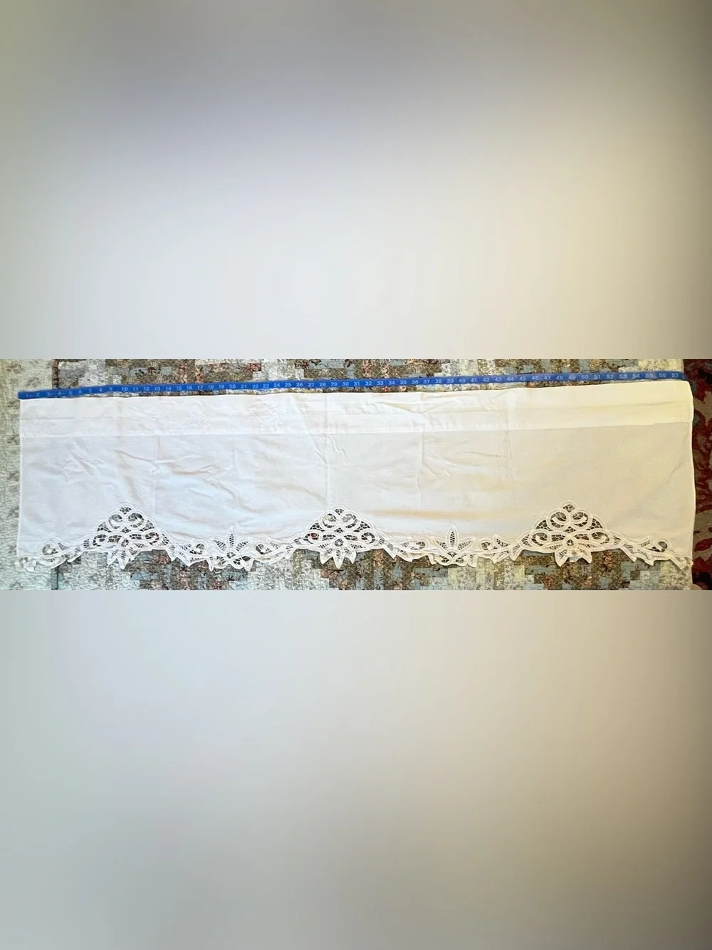 Vintage white cotton lace bistro curtain 58”